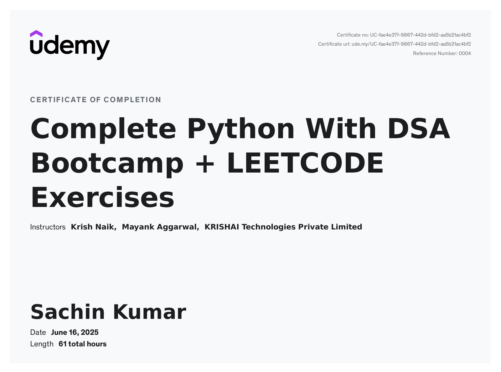 Complete Python With DSA Bootcamp + LEETCODE Exercises
